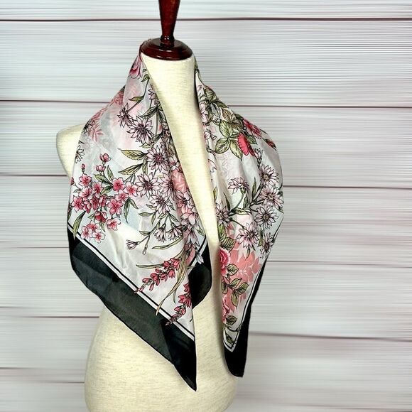 Floral Square Scarf Silky Chiffon Pink Ivory Black Trim Hand Rolled - Picture 8 of 13